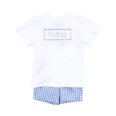 Seashells Paradise Smocked Blue Gingham Short Set