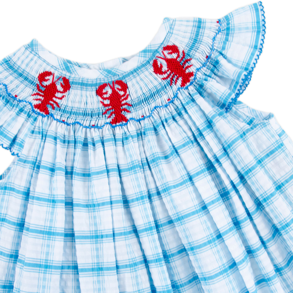 Lobster Smocked Turquoise Plaid Angel Sleeve Dress