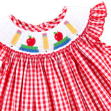 Bright School Year Smocked Red Gingham Angel Sleeve Bubble