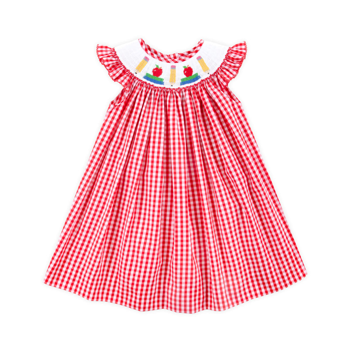 Bright School Year Smocked Red Gingham Angel Sleeve Dress