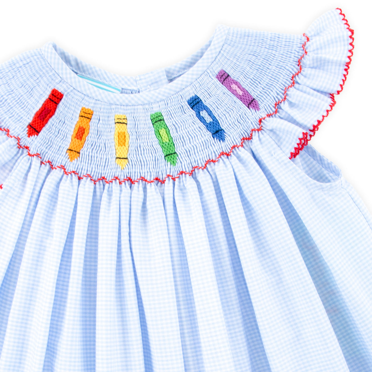 Colorful Crayon Smocked Blue Gingham Angel Sleeve Dress