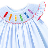 Colorful Crayon Smocked Blue Gingham Angel Sleeve Dress