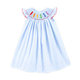 Colorful Crayon Smocked Blue Gingham Angel Sleeve Dress
