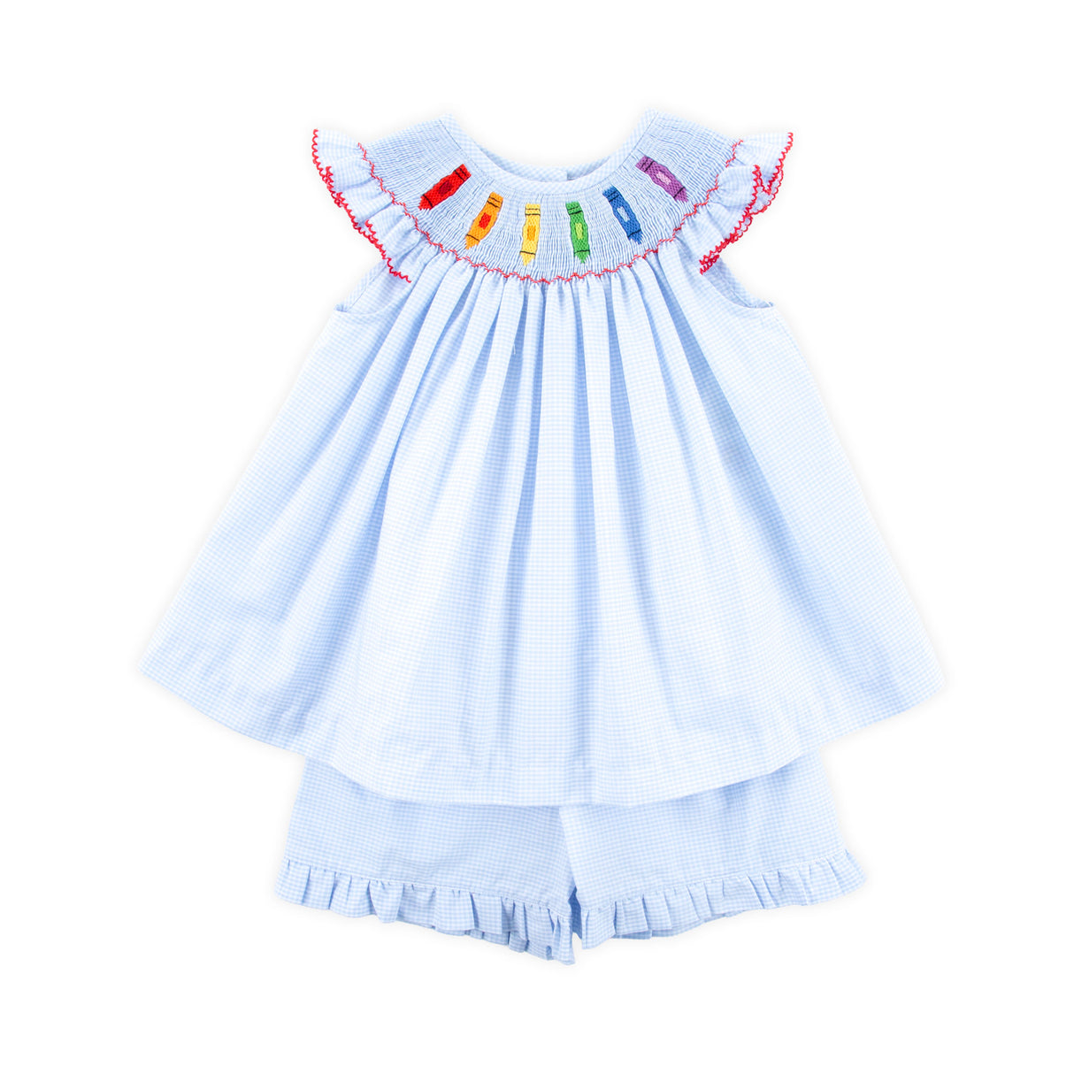 Colorful Crayon Smocked Blue Gingham Angel Sleeve Short Set