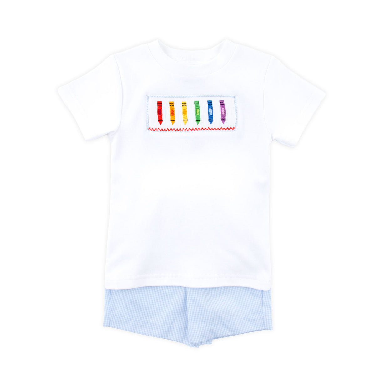 Colorful Crayon Smocked Blue Gingham Short Set