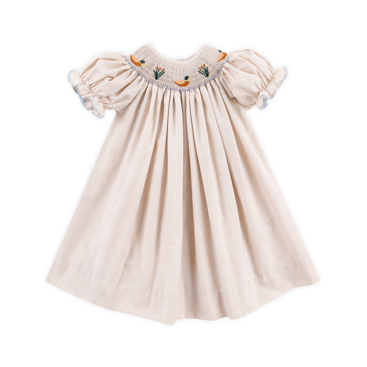 Mallard Smocked Tan Gingham Bishop Dress