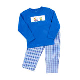 Construction Truck Smocked Blue Plaid Pant Set