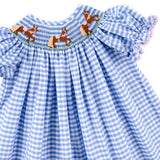 Horse & Bow Smocked Light Blue Gingham Bishop Dress