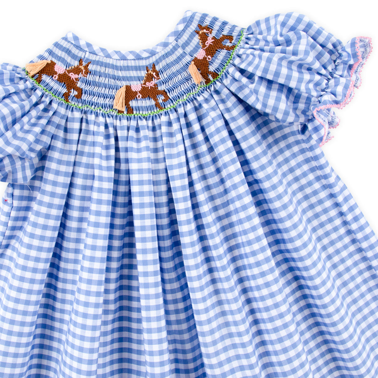 Horse Smocked Light Blue Gingham Bishop Bubble