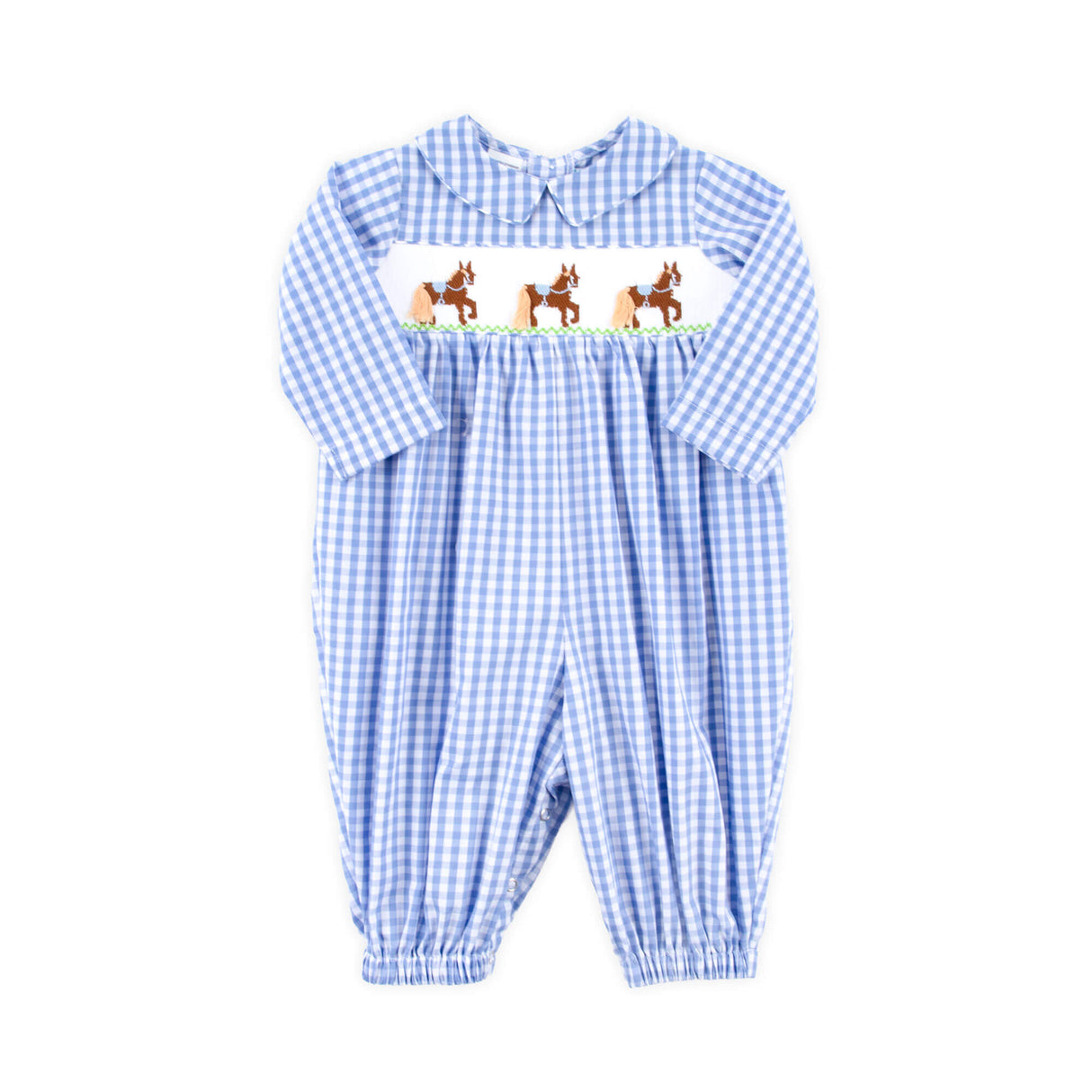 Horse Smocked Light Blue Gingham Romper