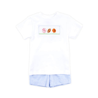SPORTS SMOCKED BLUE STRIPE SHORT SET