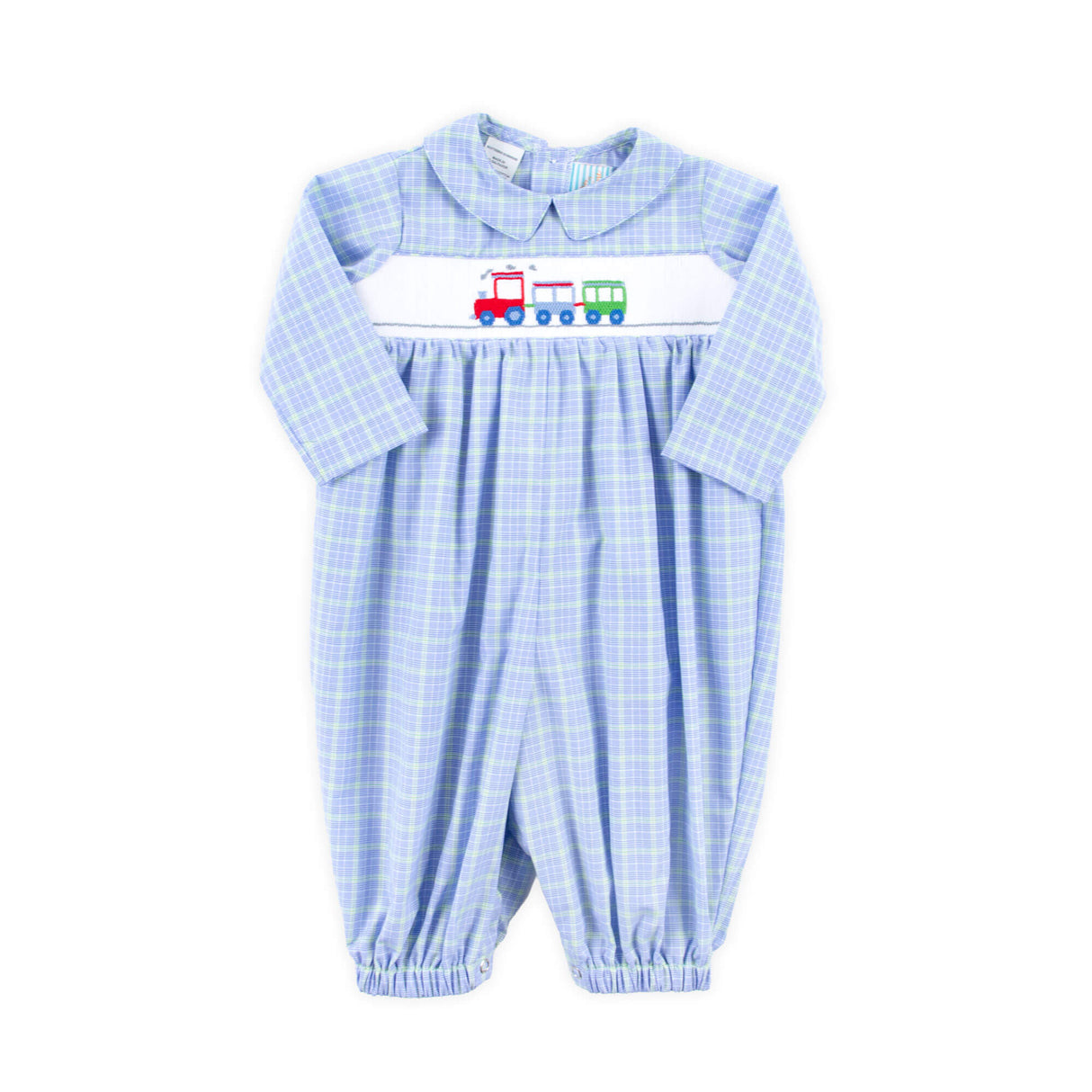 Train Smocked Blue Plaid Romper