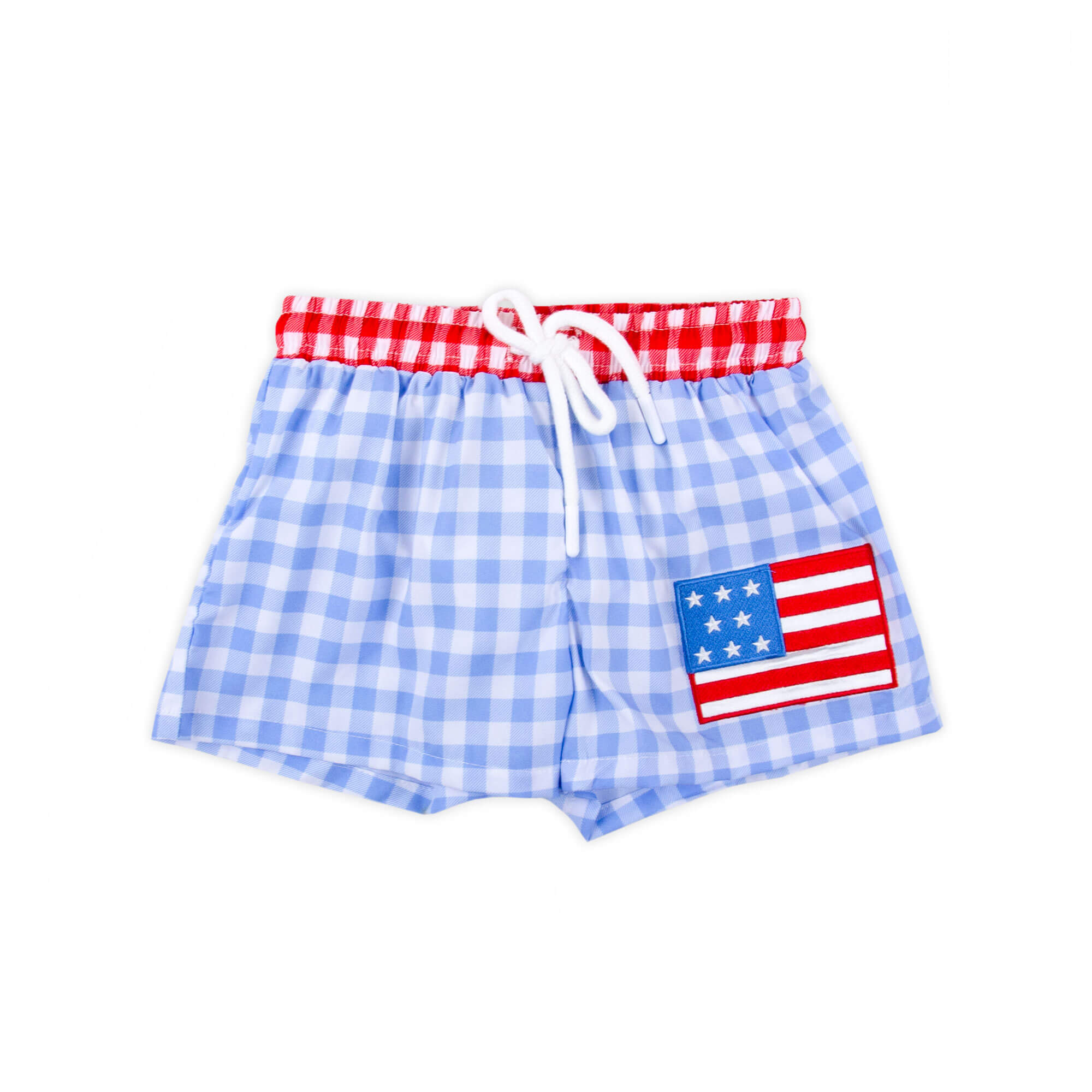 American Flag Applique Blue Gingham Swim Trunks – Classic Whimsy