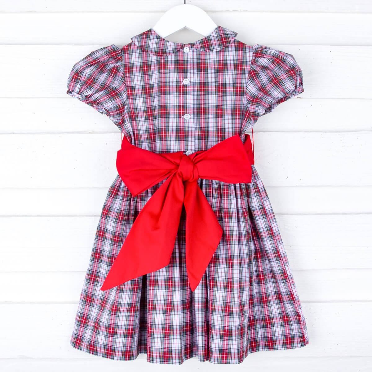 Cream Plaid Dress w Red Corduroy Sash