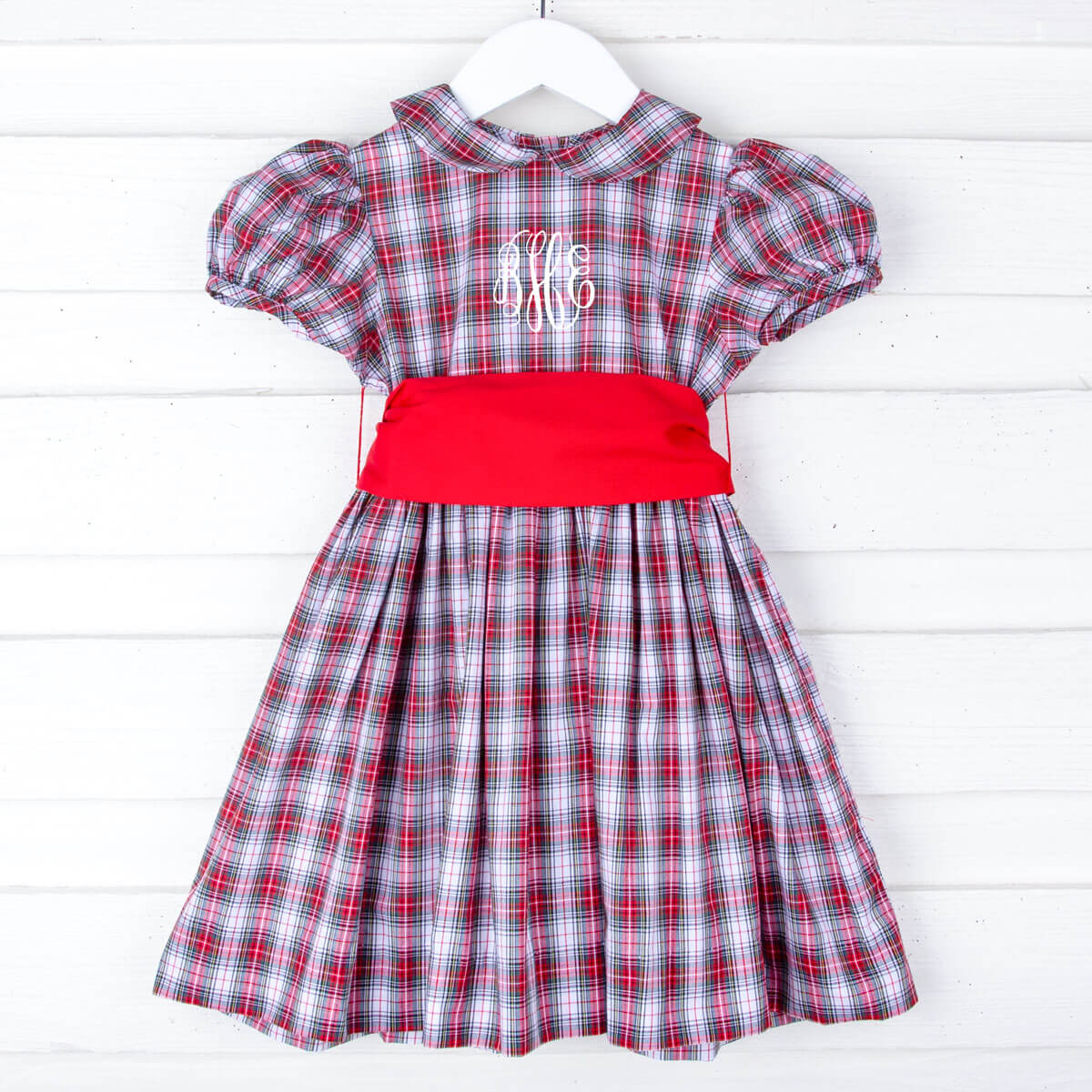 Cream Plaid Dress w Red Corduroy Sash