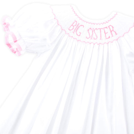 Big Sister Smocked Bishop Dress White with Pink