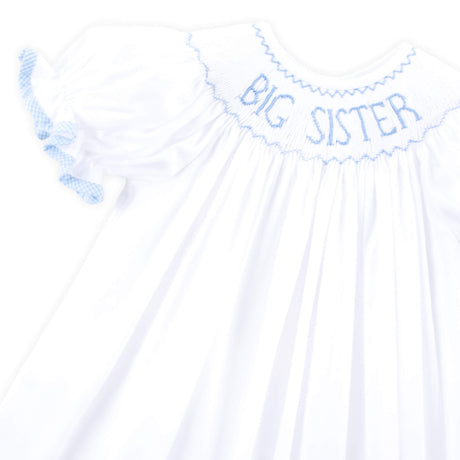 Big Sister Smocked Bishop Dress White with Blue