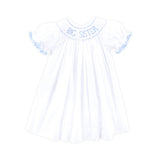 Big Sister Smocked Bishop Dress White with Blue