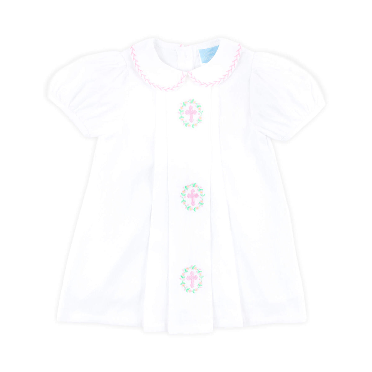 Cross and Wreath Embroidered Collared Dress White Pique