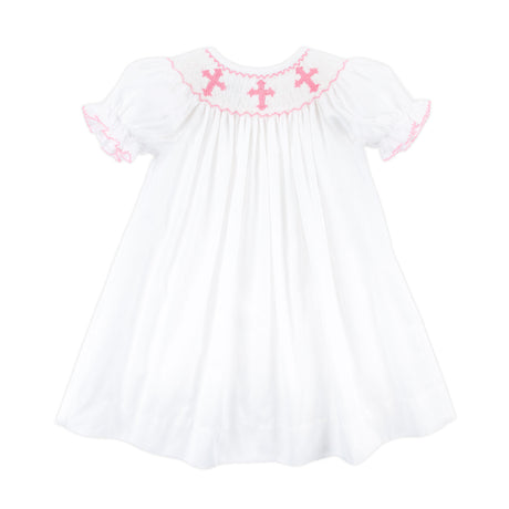Pink Cross Smocked White Bishop Dress