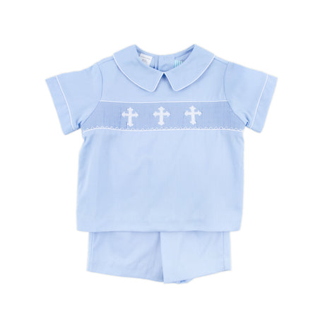 Cross Smocked Light Blue Pique Short Set