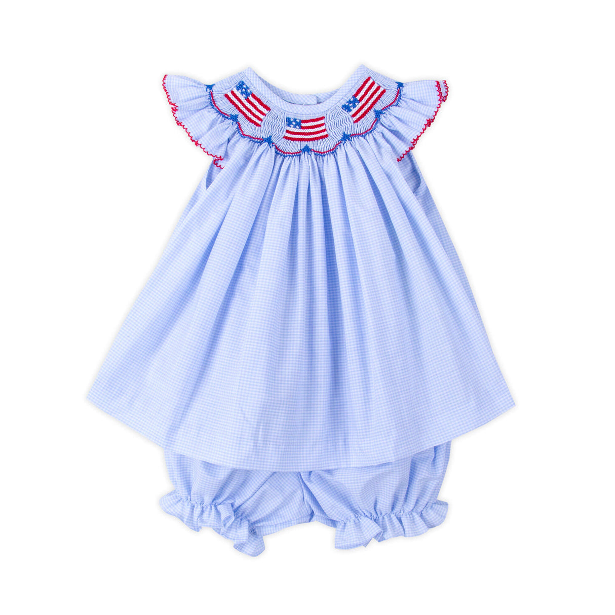 Light Blue Gingham Flag Smocked Bloomer Set