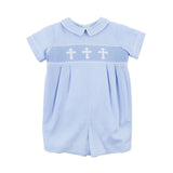 Cross Smocked Light Blue Pique Collared Romper