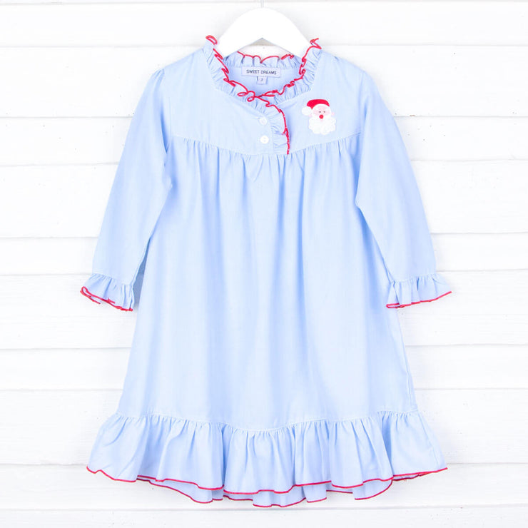 Santa Embroidered Long Sleeve Blue Nightgown