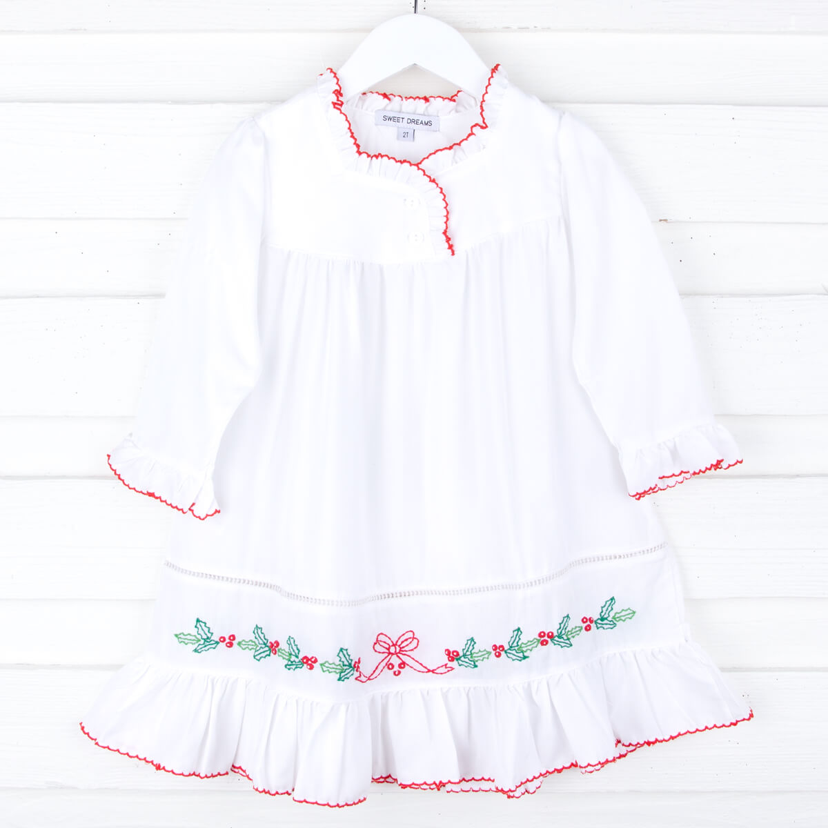 Embroidered Christmas Holly Bow Long Sleeve Nightgown