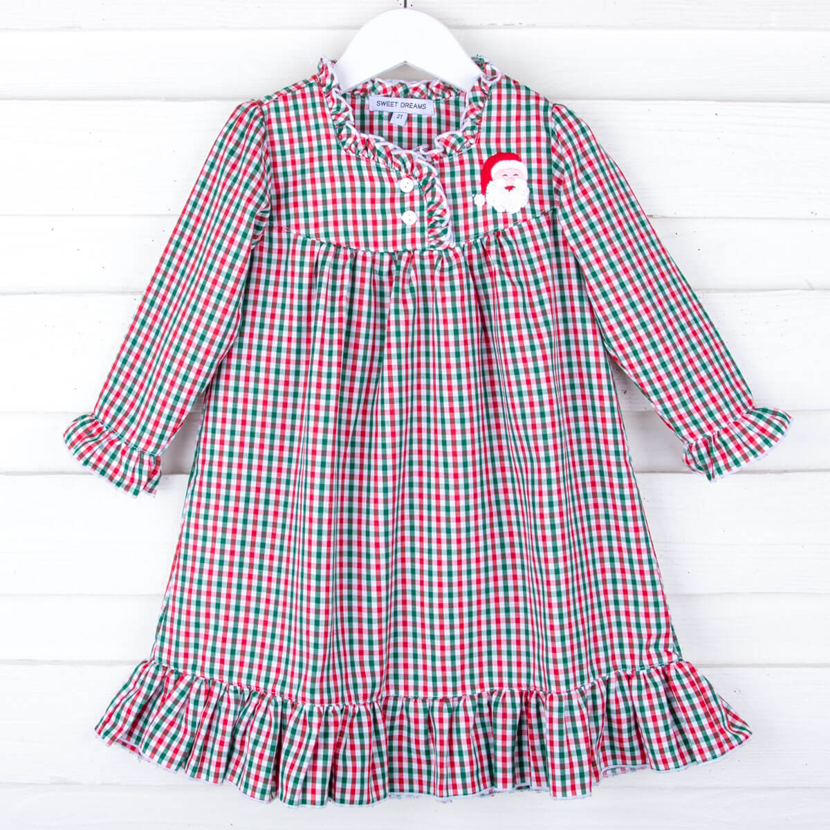 Santa Embroidered Green & Red Gingham Nightgown