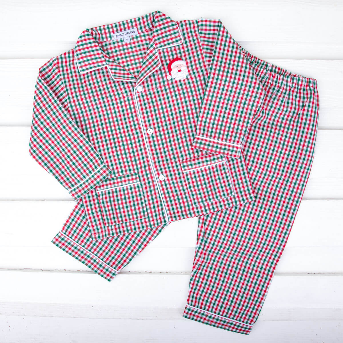 Santa Embroidered Green & Red Gingham Classic Pajamas