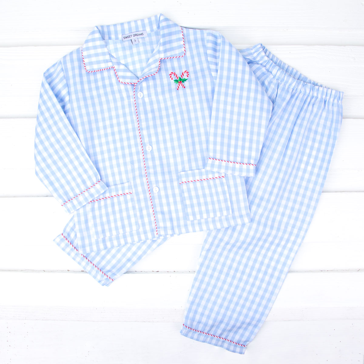 Candy Cane Embroidered Blue Gingham Classic Pajamas