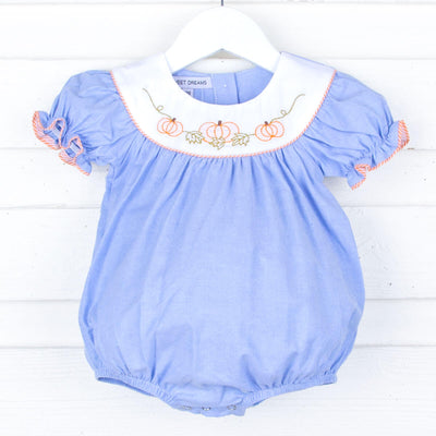Embroidered Pumpkin Chambray Girl Bubble