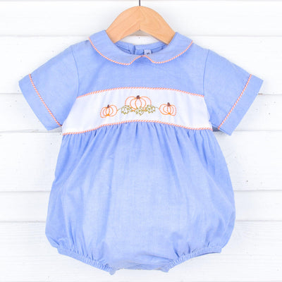 Embroidered Pumpkin Chambray Boy Bubble