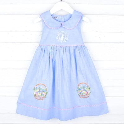 Chambray Embroidered Flower Basket Dress