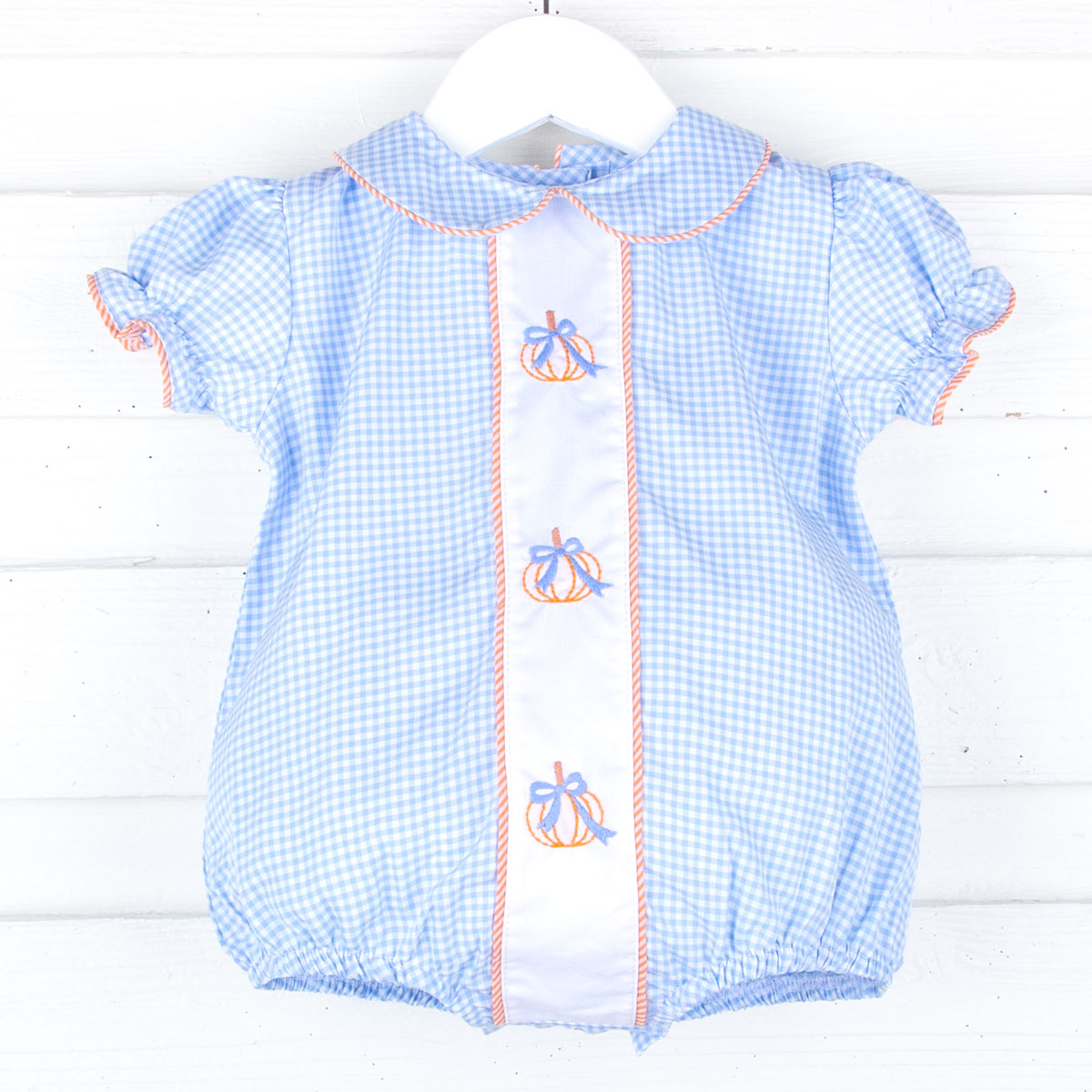 Embroidered Bow Pumpkin Blue Gingham Bubble