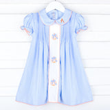 Embroidered Bow Pumpkin Blue Gingham Dress