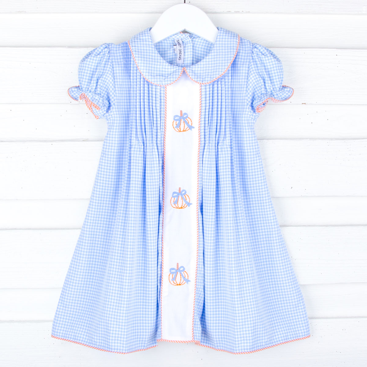 Embroidered Bow Pumpkin Blue Gingham Dress