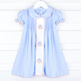 Embroidered Bow Pumpkin Blue Gingham Dress