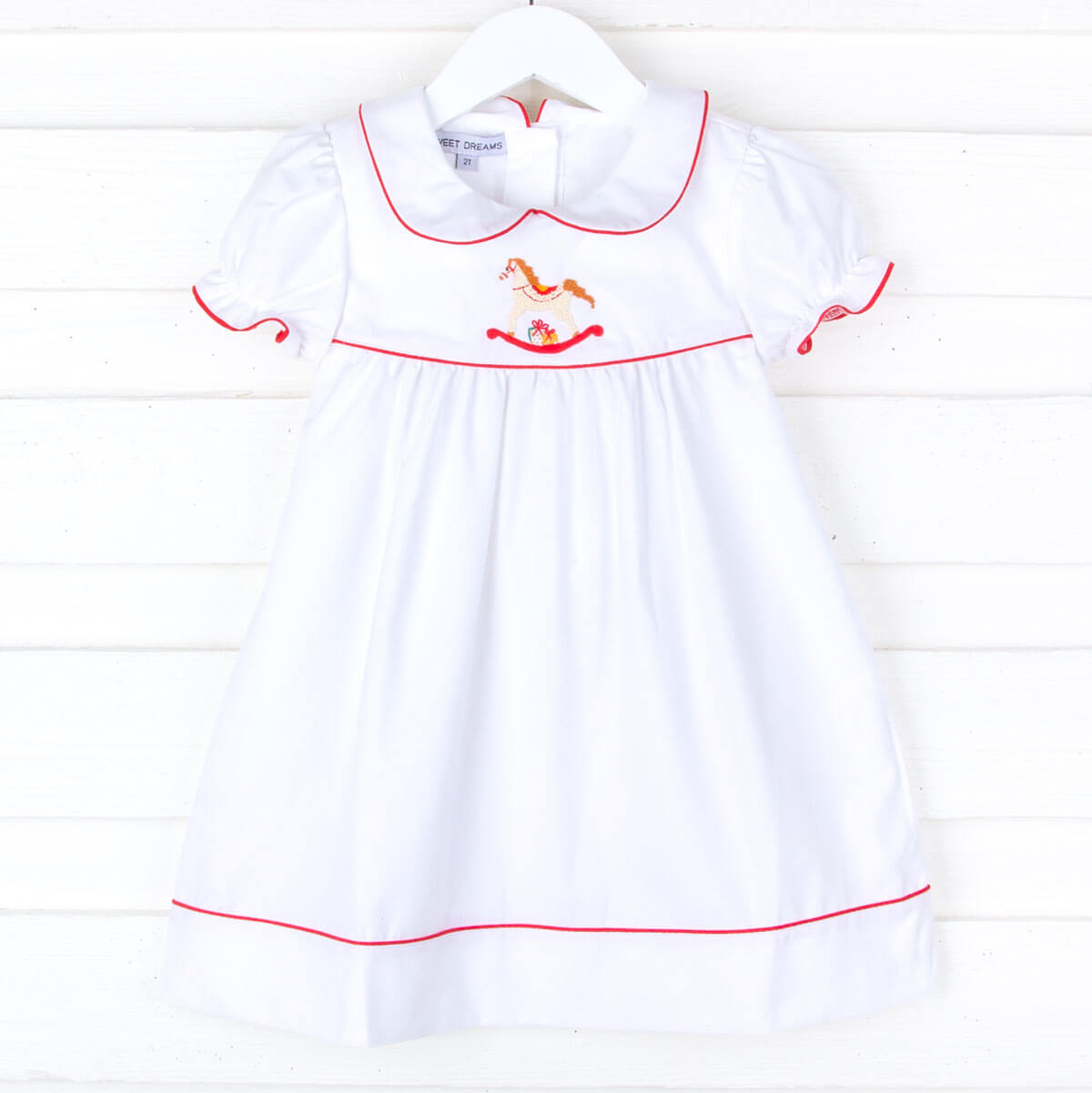 Rocking Horse Embroidered Collared White Dress