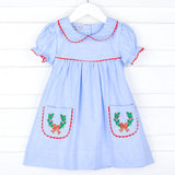 Holiday Wreath Embroidered Blue Dress