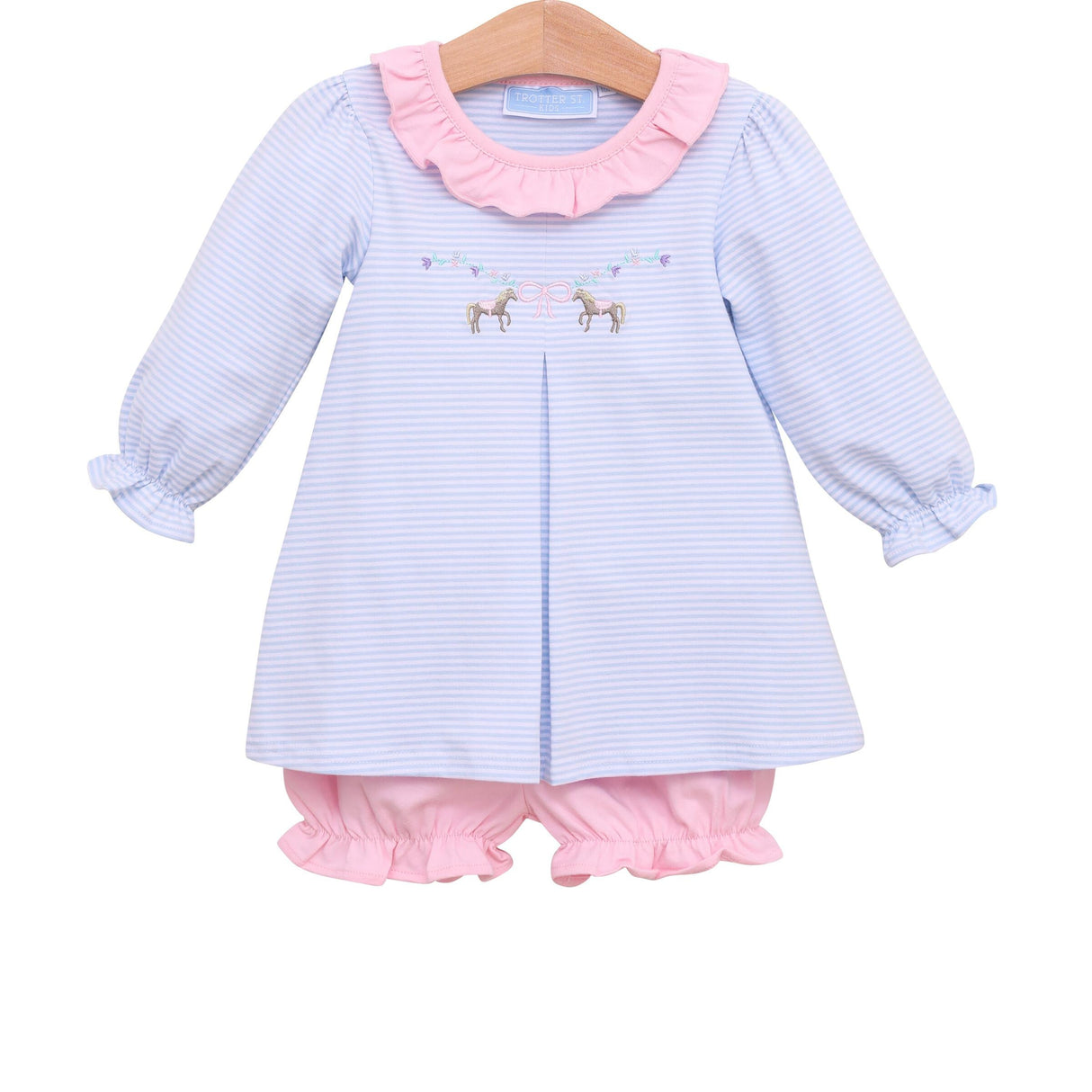 Horse Embroidered Light Blue Knit Bloomer Set