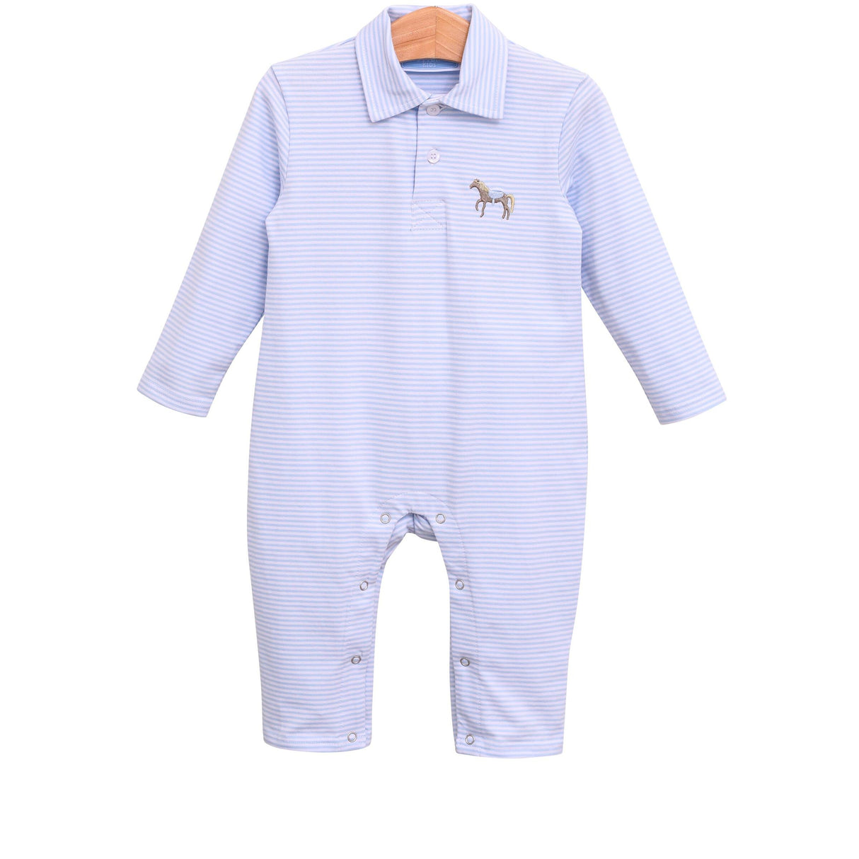 Horse Embroidered Light Blue Knit Polo Romper