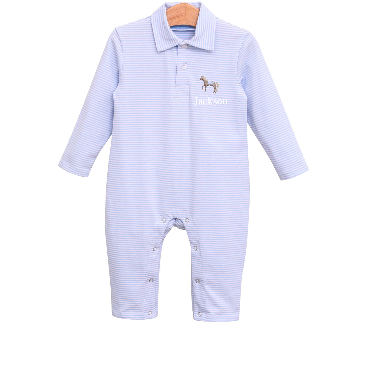 Horse Embroidered Light Blue Knit Polo Romper