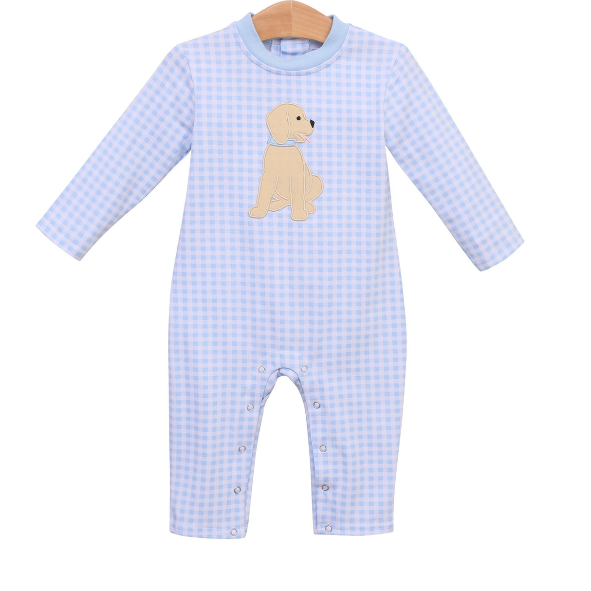 Puppy Light Blue Gingham Knit Romper