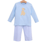 Puppy Light Blue Gingham Knit Pant Set