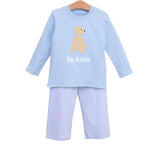 Puppy Light Blue Gingham Knit Pant Set