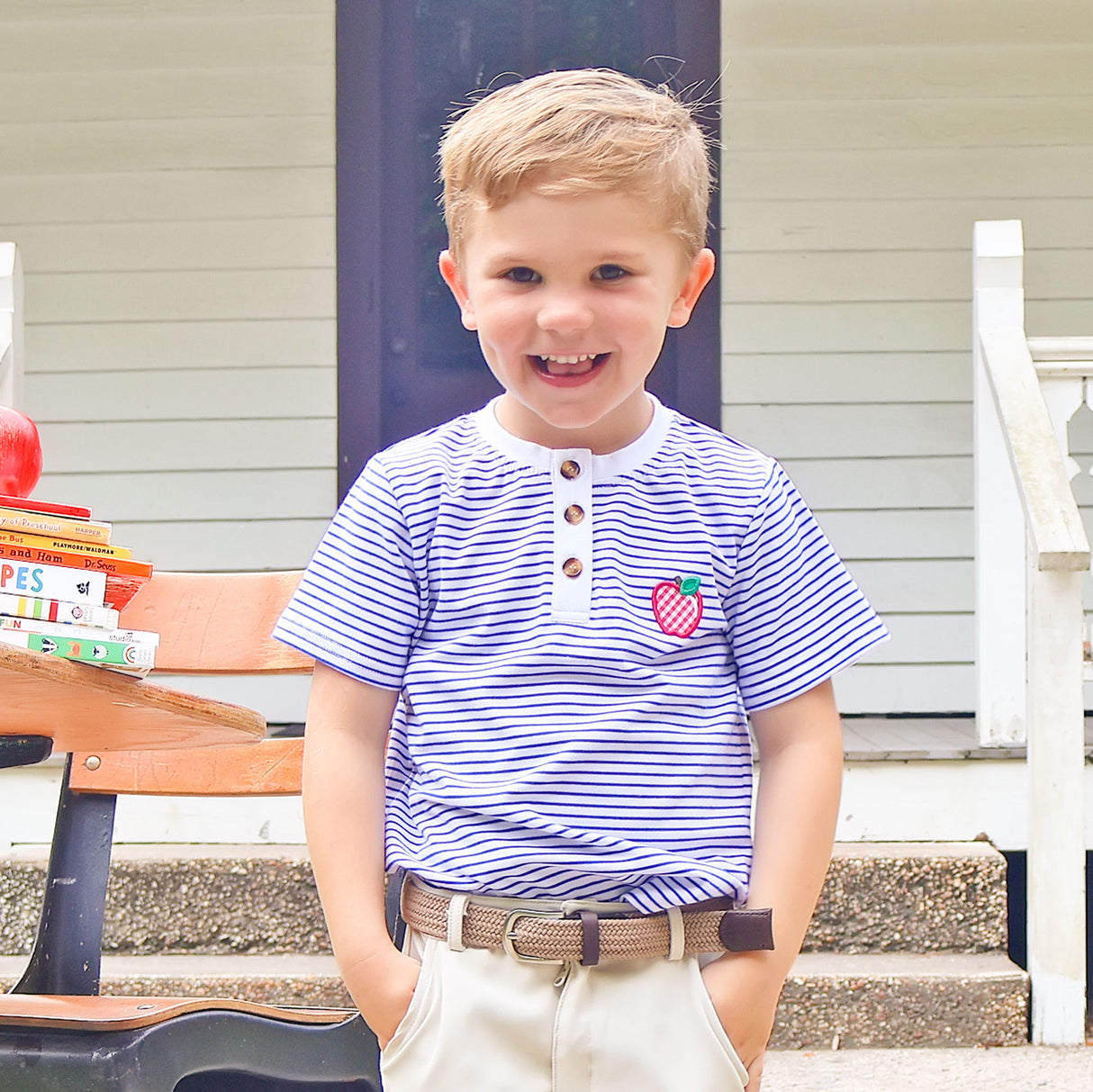 Good Apple Blue Stripe Short Sleeve Henley Shirt