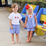Red Apple Single Smocked Blue Gingham Short Set