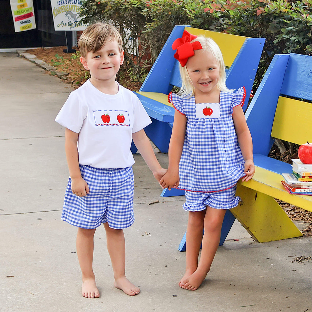 Red Apple Smocked Blue Gingham Short Set